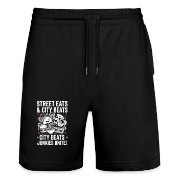 City Snacks Beats Junkies Unite - Stanley/Stella Trainer Unisex Organic Jogging Shorts - black - Front - Nik (191cm) & Marisol (170cm)