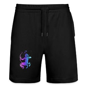 Sagittarius – Neon Zodiac Sign - Stanley/Stella Trainer Unisex Organic Jogging Shorts - black - Front - Nik (191cm) & Marisol (170cm)