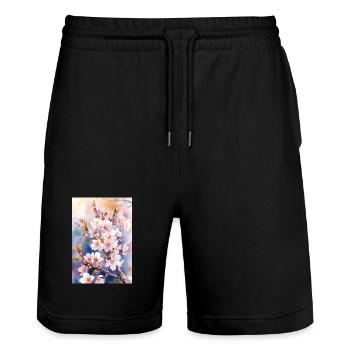 Aquarellfarben pastellfarbene Kirschblüten - Stanley/Stella Unisex Bio Joggingshorts Trainer  - Schwarz - Vorne - Nik (191cm) & Marisol (170cm)
