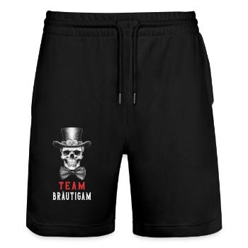 JGA Team Bräutigam Totenkopf Junggesellenabschied - Stanley/Stella Unisex Bio Joggingshorts Trainer  - Schwarz - Vorne - Nik (191cm) & Marisol (170cm)