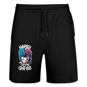 Kaffeesucht - Glücklich mit Kaffee - Stanley/Stella Unisex Bio Joggingshorts Trainer  - Schwarz - Vorne - Nik (191cm) & Marisol (170cm)