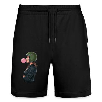 Coole Motorradfahrerin Bikerin kaut Kaugummi - Stanley/Stella Unisex Bio Joggingshorts Trainer  - Schwarz - Vorne - Nik (191cm) & Marisol (170cm)