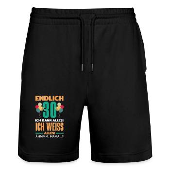 Funny 30th birthday gift - Stanley/Stella Trainer Unisex Organic Jogging Shorts - black - Front - Nik (191cm) & Marisol (170cm)