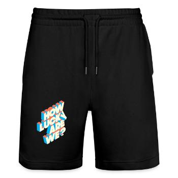 How Lucky Are We? | Retro Typografie Statement - Stanley/Stella Unisex Bio Joggingshorts Trainer  - Schwarz - Vorne - Nik (191cm) & Marisol (170cm)