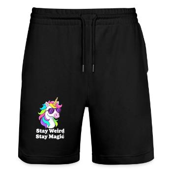 Colorful unicorn with sunglasses - Stanley/Stella Trainer Unisex Organic Jogging Shorts - black - Front - Nik (191cm) & Marisol (170cm)
