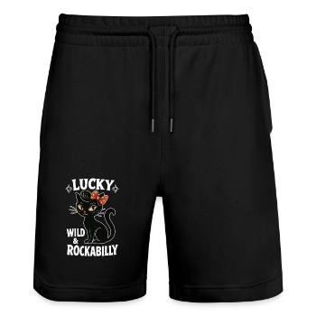 Rockabilly schwarze Katze glücklich wild Geschenk - Stanley/Stella Unisex Bio Joggingshorts Trainer  - Schwarz - Vorne - Nik (191cm) & Marisol (170cm)