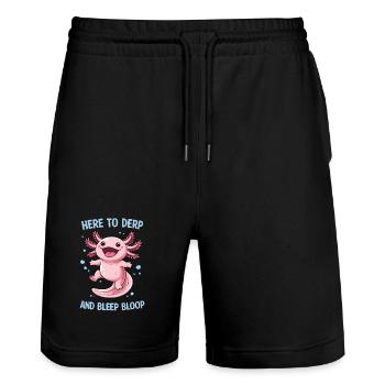 Motif drôle de mème d’axolotl - Ici pour le derp et... - Short de jogging bio TRAINER Stanley/Stella unisexe - noir - Devant - Nik (191cm) & Marisol (170cm)