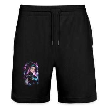 Femme Héroïne cyberpunk néon violet - Short de jogging bio TRAINER Stanley/Stella unisexe - noir - Devant - Nik (191cm) & Marisol (170cm)
