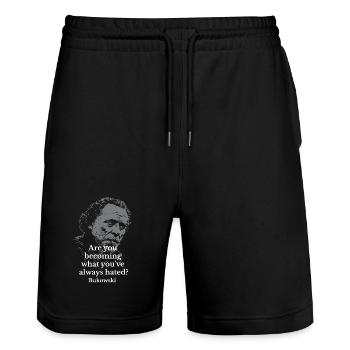 Bukowski Quote Typography on Dark Portrait - Stanley/Stella Trainer Unisex Organic Jogging Shorts - black - Front - Nik (191cm) & Marisol (170cm)