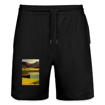 Paysage avec lac, bateau et montagnes - Short de jogging bio TRAINER Stanley/Stella unisexe - noir - Devant - Nik (191cm) & Marisol (170cm)