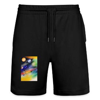 Space and planets - Stanley/Stella Trainer Unisex Organic Jogging Shorts - black - Front - Nik (191cm) & Marisol (170cm)