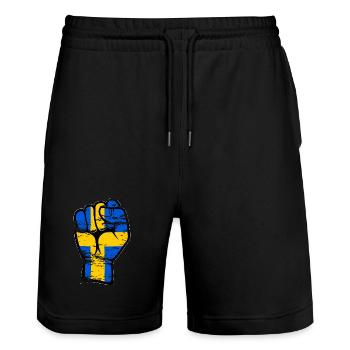 Icône de main de poing de drapeau de la Suède utilisée - Short de jogging bio TRAINER Stanley/Stella unisexe - noir - Devant - Nik (191cm) & Marisol (170cm)