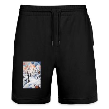 paysage enneigé dans un style géométrique - Short de jogging bio TRAINER Stanley/Stella unisexe - noir - Devant - Nik (191cm) & Marisol (170cm)