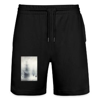 Mystische Schiffe im Nebel: Maritime Traumlandschaftskunst - Stanley/Stella Unisex Bio Joggingshorts Trainer  - Schwarz - Vorne - Nik (191cm) & Marisol (170cm)