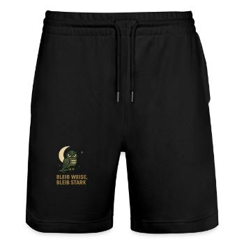 Bleib weise, bleib stark – Eulen T-Shirt mit Motiv - Stanley/Stella Unisex Bio Joggingshorts Trainer  - Schwarz - Vorne - Nik (191cm) & Marisol (170cm)