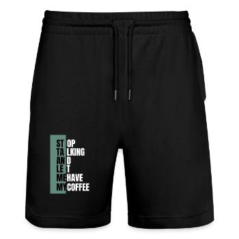 Stop Talking – Need Coffee First - Stanley/Stella Unisex Bio Joggingshorts Trainer  - Schwarz - Vorne - Nik (191cm) & Marisol (170cm)