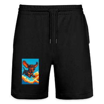 Vibrant Flying Dachshund Illustration - Stanley/Stella Trainer Unisex Organic Jogging Shorts - black - Front - Nik (191cm) & Marisol (170cm)