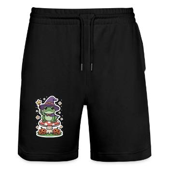 Halloween witch frog on fly agaric with pumpkin - Stanley/Stella Trainer Unisex Organic Jogging Shorts - black - Front - Nik (191cm) & Marisol (170cm)