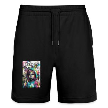 Farbexplosion Graffiti Heldin - Stanley/Stella Unisex Bio Joggingshorts Trainer  - Schwarz - Vorne - Nik (191cm) & Marisol (170cm)
