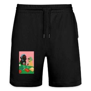 Stilvolle Hunde in der Cartoon-Weinbar - Stanley/Stella Unisex Bio Joggingshorts Trainer  - Schwarz - Vorne - Nik (191cm) & Marisol (170cm)