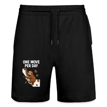 Faultier Bouldern: One Move Per Day Design - Stanley/Stella Unisex Bio Joggingshorts Trainer  - Schwarz - Vorne - Nik (191cm) & Marisol (170cm)
