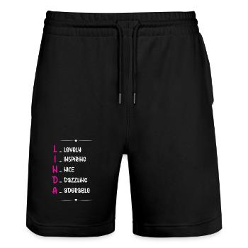 Linda Name Akrostichon - Stanley/Stella Unisex Bio Joggingshorts Trainer  - Schwarz - Vorne - Nik (191cm) & Marisol (170cm)