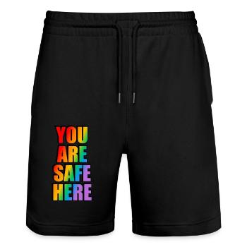 You Are Safe Here LGBT Sign - Stanley/Stella Trainer Unisex Organic Jogging Shorts - black - Front - Nik (191cm) & Marisol (170cm)