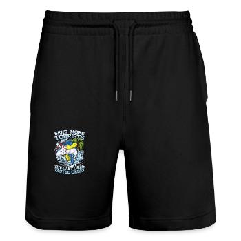 Send More Tourists für einen Surfer Wellenreiter - Stanley/Stella Unisex Bio Joggingshorts Trainer  - Schwarz - Vorne - Nik (191cm) & Marisol (170cm)