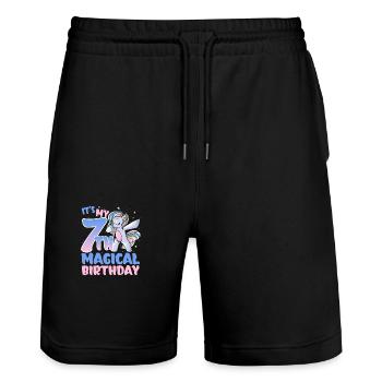 It's my 7th magical birthday - Stanley/Stella Trainer Unisex Organic Jogging Shorts - black - Front - Nik (191cm) & Marisol (170cm)