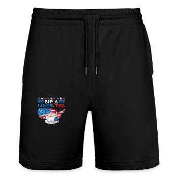 Sip A Liber-tee 4. Juli Teetrinker Independence - Stanley/Stella Unisex Bio Joggingshorts Trainer  - Schwarz - Vorne - Nik (191cm) & Marisol (170cm)