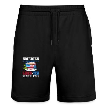 Amerika Liebt Es, Liber-tee Zu Trinken, Seit Dem - Stanley/Stella Unisex Bio Joggingshorts Trainer  - Schwarz - Vorne - Nik (191cm) & Marisol (170cm)