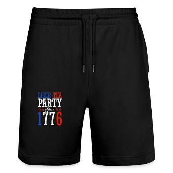 Liber-tea Party since 1776 July 4 - Stanley/Stella Trainer Unisex Organic Jogging Shorts - black - Front - Nik (191cm) & Marisol (170cm)