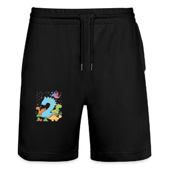 Troupeau de dinosaures mignons 2ème anniversaire 2 - Short de jogging bio TRAINER Stanley/Stella unisexe - noir - Devant - Nik (191cm) & Marisol (170cm)