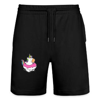 Regenbogen Einhorn Schwimmer Floaty Donut - Stanley/Stella Unisex Bio Joggingshorts Trainer  - Schwarz - Vorne - Nik (191cm) & Marisol (170cm)