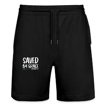 Sauvé par la grâce Bible Verset Chrétien - Short de jogging bio TRAINER Stanley/Stella unisexe - noir - Devant - Nik (191cm) & Marisol (170cm)