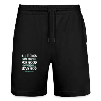 All things work together for good Bible verse - Stanley/Stella Trainer Unisex Organic Jogging Shorts - black - Front - Nik (191cm) & Marisol (170cm)