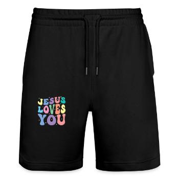 Jésus t’aime Groovy Vintage Christian - Short de jogging bio TRAINER Stanley/Stella unisexe - noir - Devant - Nik (191cm) & Marisol (170cm)