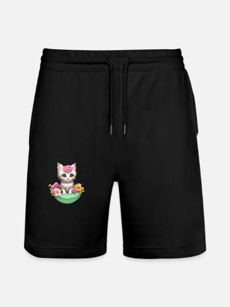 Un chat effronté dans une frénésie de fleurs - Short de jogging bio TRAINER Stanley/Stella unisexe - noir