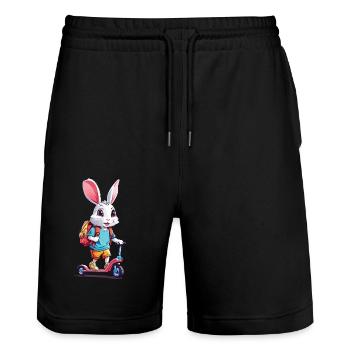 Cheerful Schoolchild Bunny Kick Scooter Design - Stanley/Stella Trainer Unisex Organic Jogging Shorts - black - Front - Nik (191cm) & Marisol (170cm)
