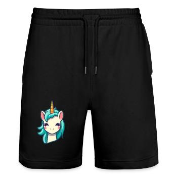 Cute unicorn in blue | Unicorn - Stanley/Stella Trainer Unisex Organic Jogging Shorts - black - Front - Nik (191cm) & Marisol (170cm)