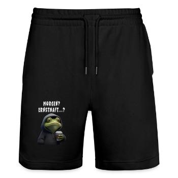 Tired frog with coffee – morning grouch humor - Stanley/Stella Trainer Unisex Organic Jogging Shorts - black - Front - Nik (191cm) & Marisol (170cm)