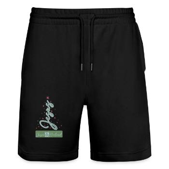 Unser Heiland – Weihnachtsschrift - Stanley/Stella Unisex Bio Joggingshorts Trainer  - Schwarz - Vorne - Nik (191cm) & Marisol (170cm)