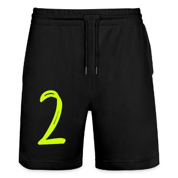 2 JAHRE. 2. JUBILÄUM. GEBURTSTAG 2 JAHRE. ZWEI - Stanley/Stella Unisex Bio Joggingshorts Trainer  - Schwarz - Vorne - Nik (191cm) & Marisol (170cm)