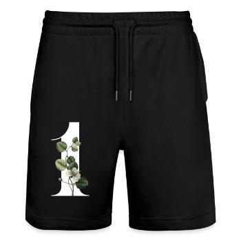 Nummer 1 Blumengrün -1. Blumengeburtstag - Stanley/Stella Unisex Bio Joggingshorts Trainer  - Schwarz - Vorne - Nik (191cm) & Marisol (170cm)