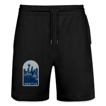 Seattle Skyline Badge - Stanley/Stella Trainer Unisex Organic Jogging Shorts - black - Front - Nik (191cm) & Marisol (170cm)