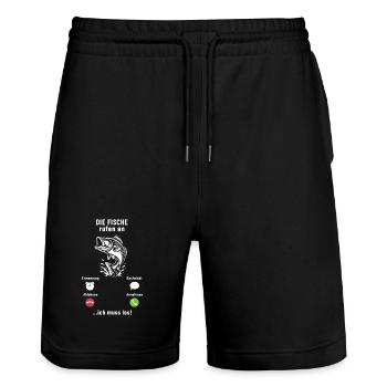 Die Fische rufen an - ich muss los - Angler Spruch - Stanley/Stella Unisex Bio Joggingshorts Trainer  - Schwarz - Vorne - Nik (191cm) & Marisol (170cm)