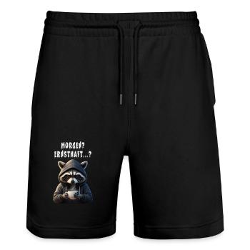 Morning grouch raccoon with coffee - Stanley/Stella Trainer Unisex Organic Jogging Shorts - black - Front - Nik (191cm) & Marisol (170cm)