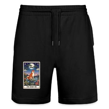 Shiba Inu moonlit night in the garden - Stanley/Stella Trainer Unisex Organic Jogging Shorts - black - Front - Nik (191cm) & Marisol (170cm)