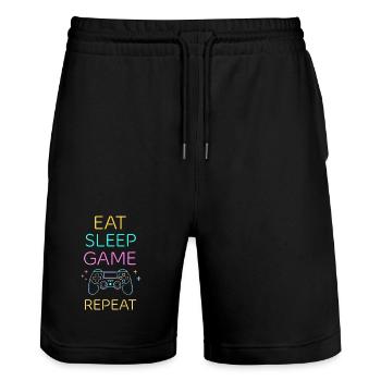 EAT SLEEP GAME REPEAT Neon Zocken Gaming - Stanley/Stella Trainer Unisex Organic Jogging Shorts - black - Front - Nik (191cm) & Marisol (170cm)