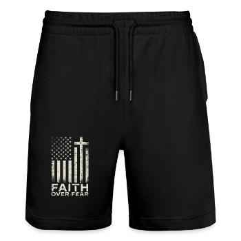 Faith Over Fear Christian Jesus Church - Stanley/Stella Unisex Bio Joggingshorts Trainer  - Schwarz - Vorne - Nik (191cm) & Marisol (170cm)